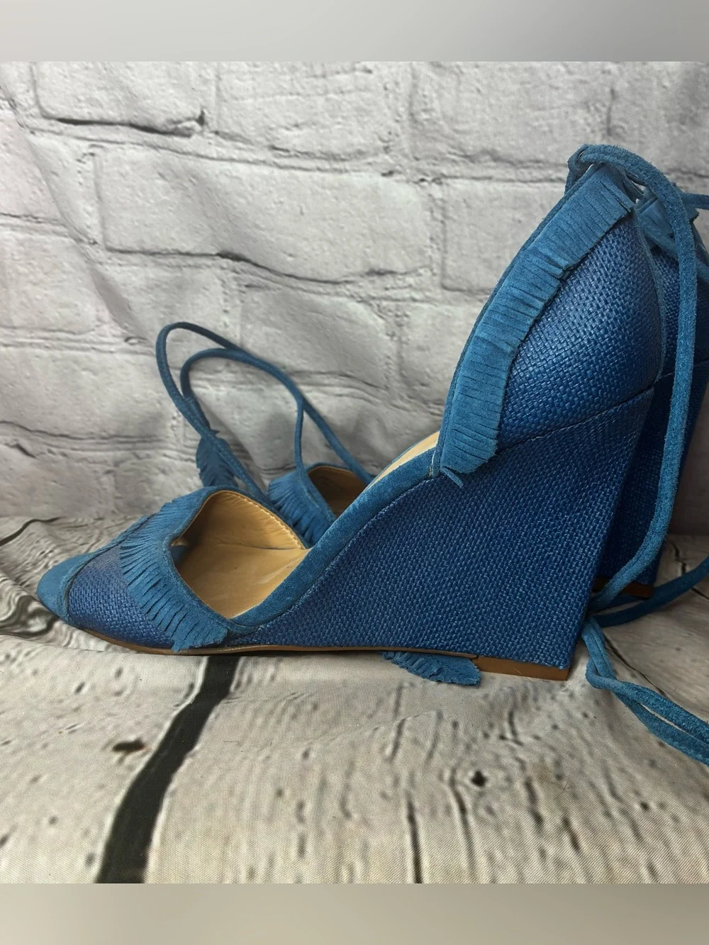 Coastal Boho Fringe Eclectic Southwestern Blue Stiletto Ankle Wrap Wedges Sz 8.5
